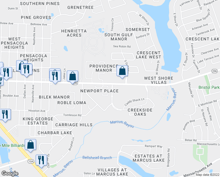 map of restaurants, bars, coffee shops, grocery stores, and more near 2416 Spyglass Circle in Pensacola