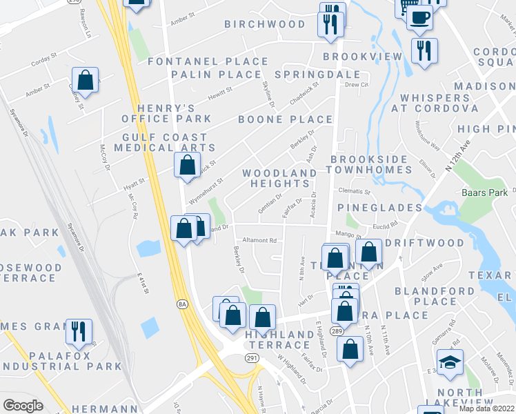 map of restaurants, bars, coffee shops, grocery stores, and more near 5 Gentian Drive in Pensacola