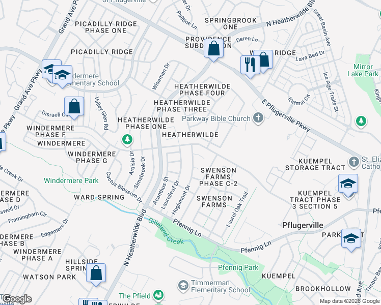 map of restaurants, bars, coffee shops, grocery stores, and more near 1242 Hughmont Drive in Pflugerville