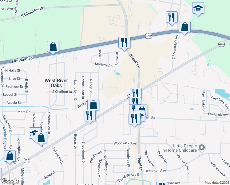 map of restaurants, bars, coffee shops, grocery stores, and more near 15643 Old Hammond Highway in Baton Rouge