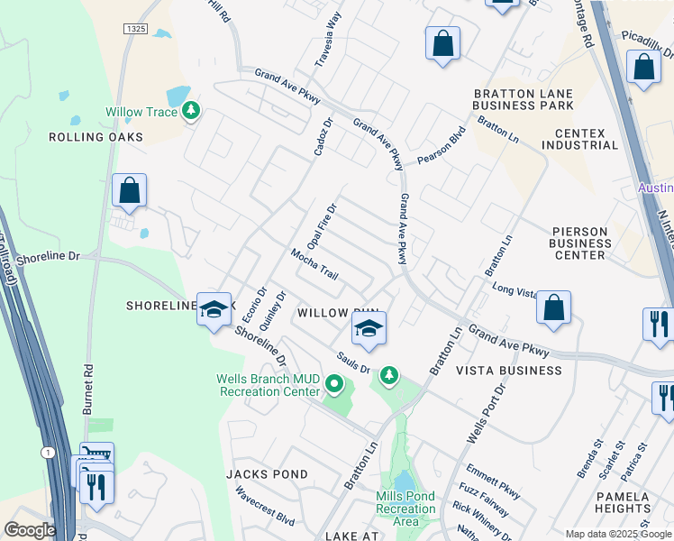 map of restaurants, bars, coffee shops, grocery stores, and more near 3505 Texas Topaz in Austin