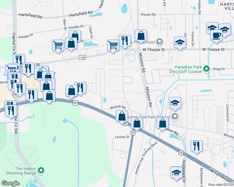 map of restaurants, bars, coffee shops, grocery stores, and more near 3212 Dian Road in Tallahassee