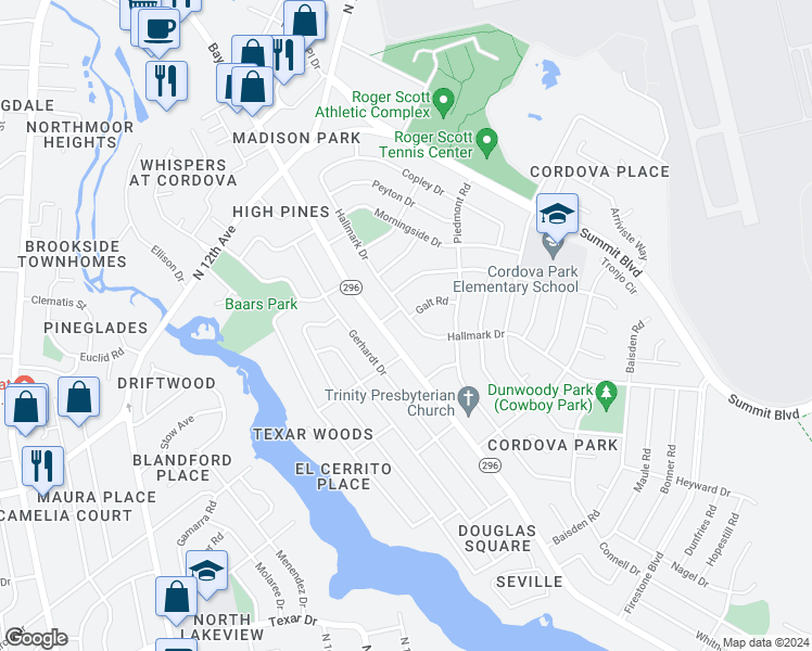 map of restaurants, bars, coffee shops, grocery stores, and more near 2115 Hallmark Drive in Pensacola