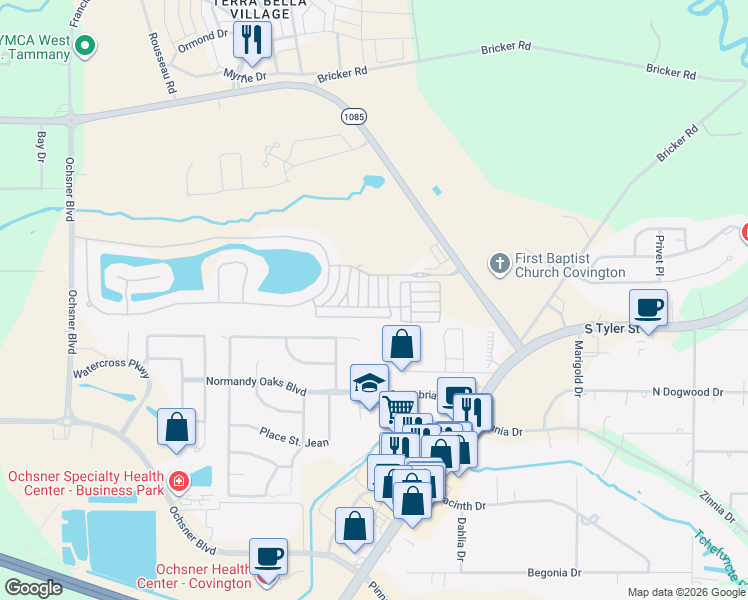 map of restaurants, bars, coffee shops, grocery stores, and more near 512 Rue Jardins in Covington