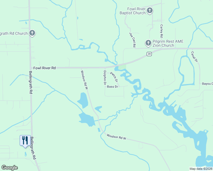 map of restaurants, bars, coffee shops, grocery stores, and more near 11025 Dolphin Drive in Theodore