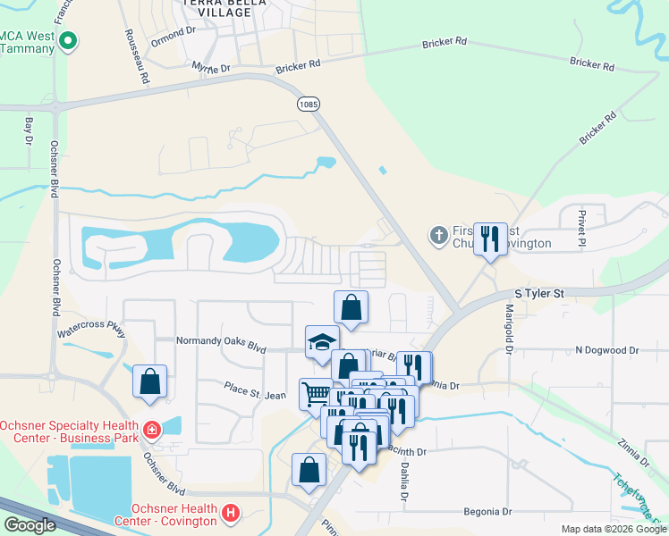 map of restaurants, bars, coffee shops, grocery stores, and more near 313 Rue Petite in Covington