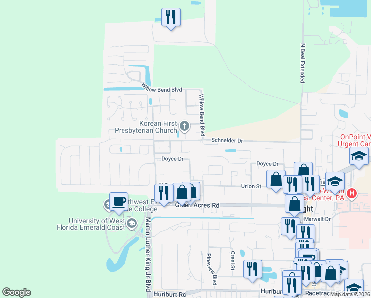map of restaurants, bars, coffee shops, grocery stores, and more near 530 Schneider Drive in Fort Walton Beach