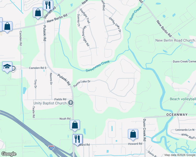 map of restaurants, bars, coffee shops, grocery stores, and more near 1297 Dunns Lake Drive in Jacksonville