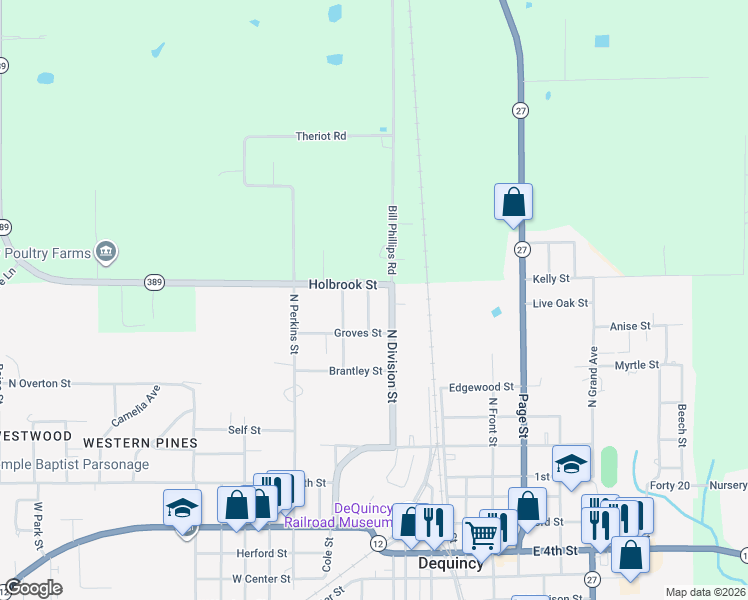 map of restaurants, bars, coffee shops, grocery stores, and more near 808 Pugh St in DeQuincy