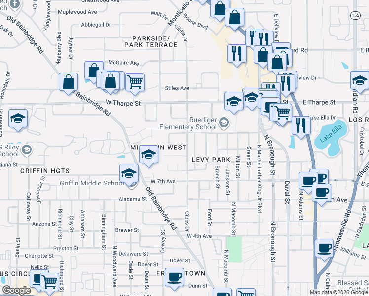 map of restaurants, bars, coffee shops, grocery stores, and more near 710 Simmons Street in Tallahassee