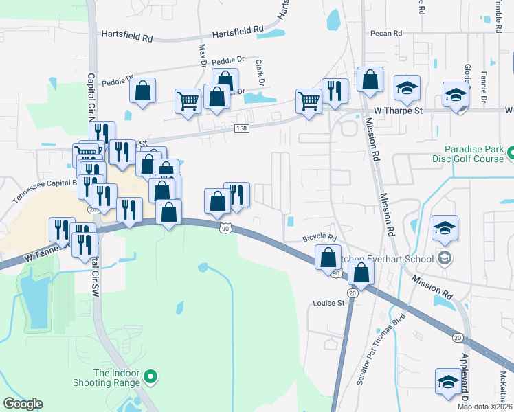 map of restaurants, bars, coffee shops, grocery stores, and more near 1931 Evanston Avenue in Tallahassee