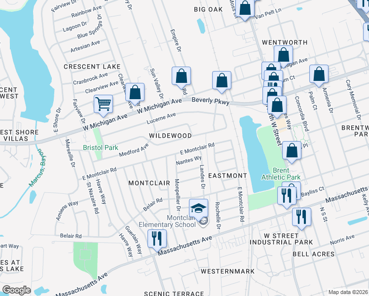 map of restaurants, bars, coffee shops, grocery stores, and more near 816 East Montclair Road in Pensacola