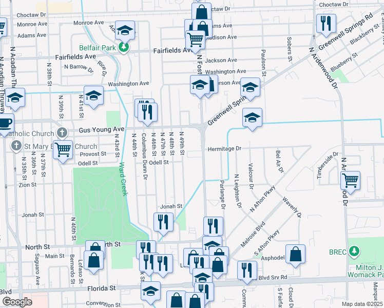 map of restaurants, bars, coffee shops, grocery stores, and more near 1200 North Foster Drive in Baton Rouge