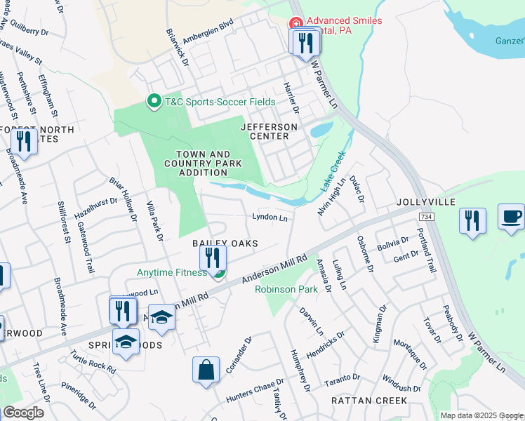 map of restaurants, bars, coffee shops, grocery stores, and more near 8410 Lyndon Lane in Austin