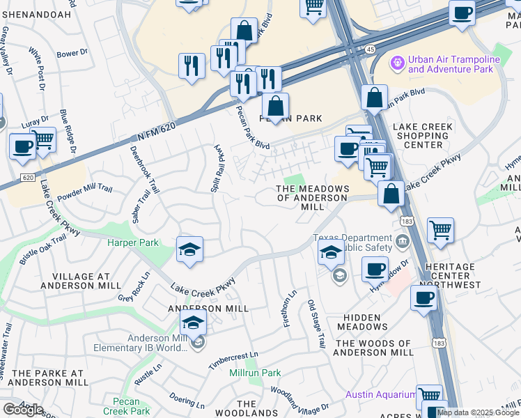 map of restaurants, bars, coffee shops, grocery stores, and more near 18 Mellow Meadow Drive in Austin
