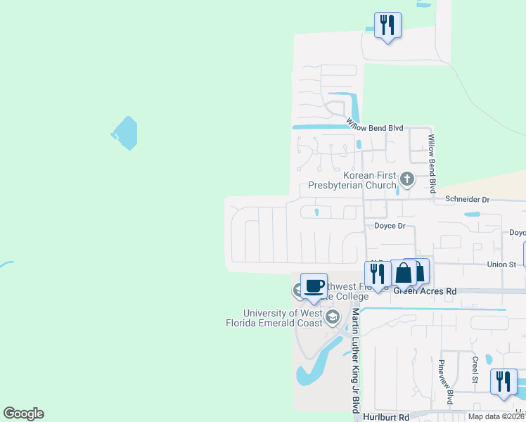 map of restaurants, bars, coffee shops, grocery stores, and more near 1644 Campbell Drive North in Fort Walton Beach