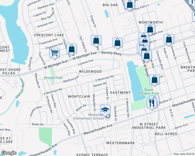 map of restaurants, bars, coffee shops, grocery stores, and more near 816 East Montclair Road in Pensacola
