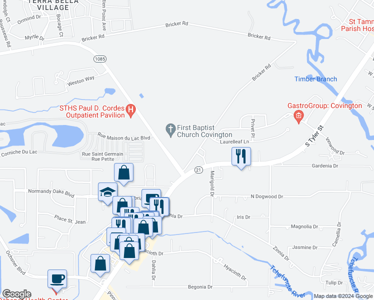 map of restaurants, bars, coffee shops, grocery stores, and more near 71031 Bricker Road in Covington