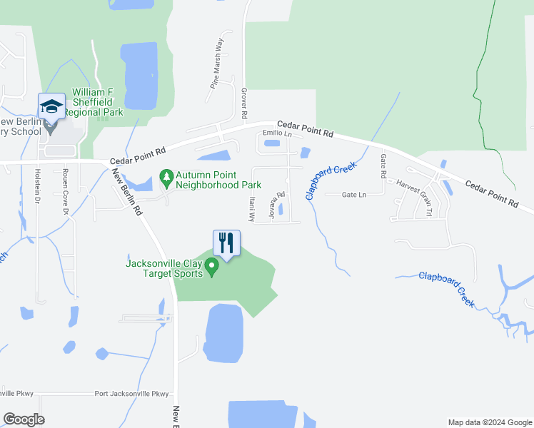map of restaurants, bars, coffee shops, grocery stores, and more near 12418 Jovana Road in Jacksonville