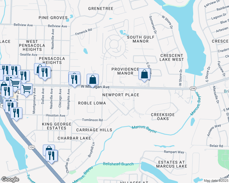 map of restaurants, bars, coffee shops, grocery stores, and more near 3020 Brigantine Drive in Pensacola
