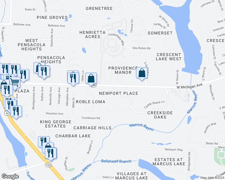map of restaurants, bars, coffee shops, grocery stores, and more near 3051 Brigantine Drive in Pensacola
