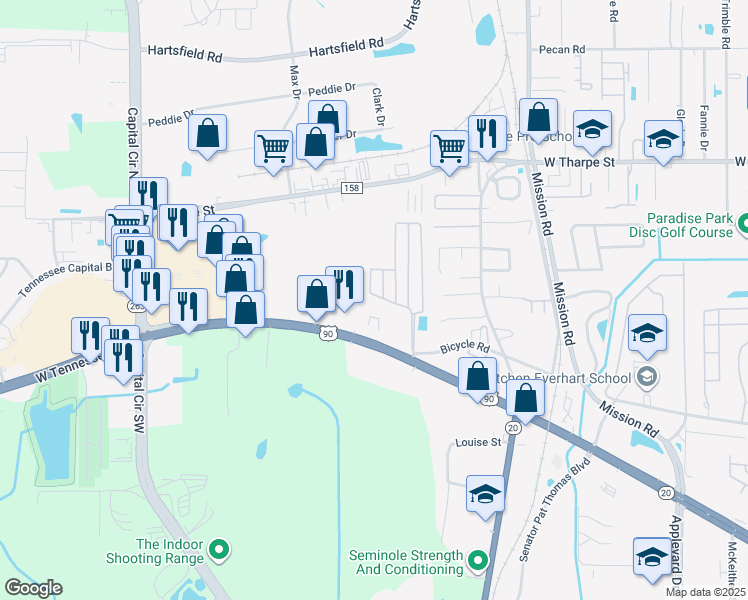 map of restaurants, bars, coffee shops, grocery stores, and more near 1931 Evanston Avenue in Tallahassee