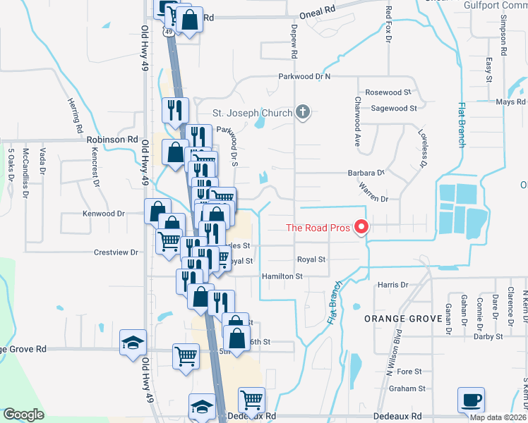 map of restaurants, bars, coffee shops, grocery stores, and more near 15324 Northwood Drive in Gulfport