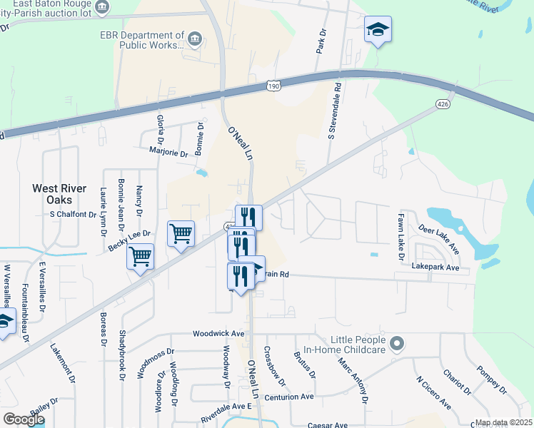 map of restaurants, bars, coffee shops, grocery stores, and more near 16136 Old Hammond Highway in Baton Rouge