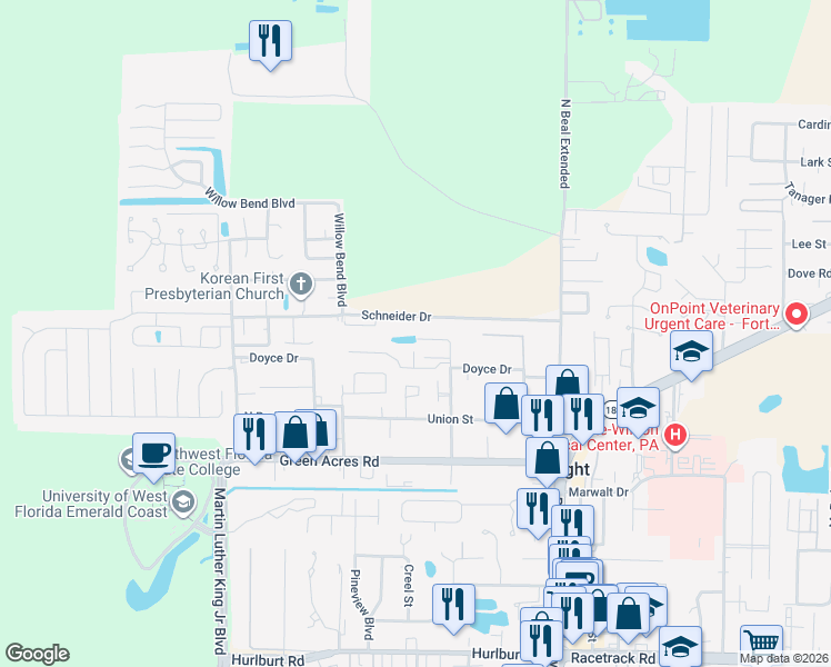 map of restaurants, bars, coffee shops, grocery stores, and more near 364 Schneider Drive in Fort Walton Beach