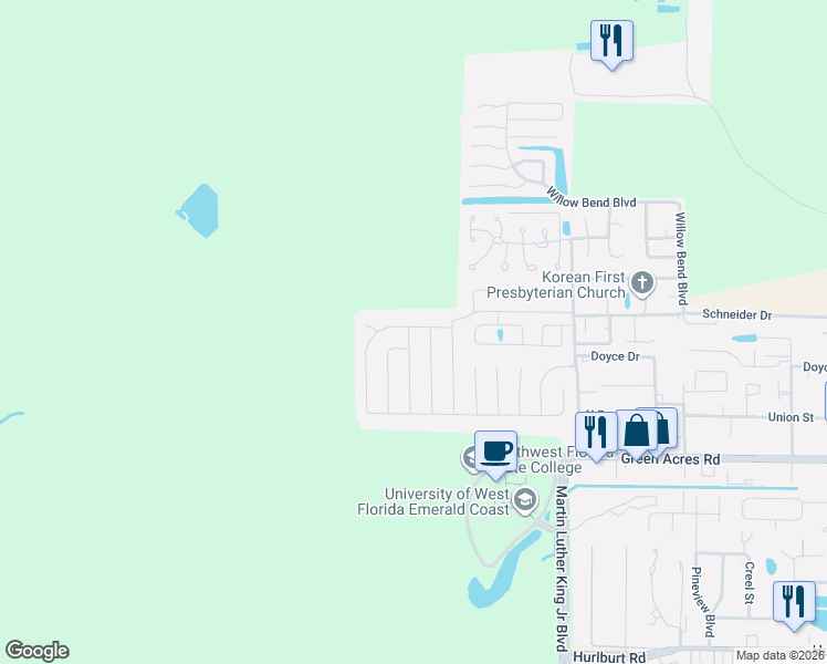 map of restaurants, bars, coffee shops, grocery stores, and more near 1632 Campbell Drive North in Fort Walton Beach
