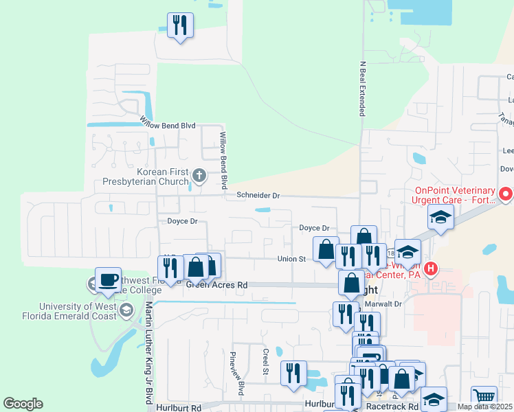 map of restaurants, bars, coffee shops, grocery stores, and more near 1801 Pointed Leaf Lane in Fort Walton Beach