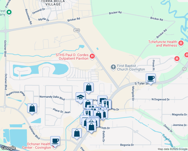 map of restaurants, bars, coffee shops, grocery stores, and more near 16330 Louisiana 1085 in Covington