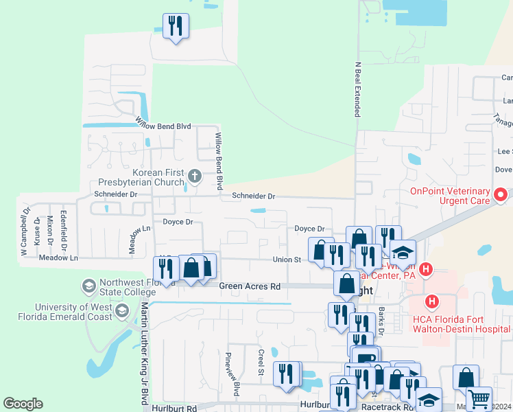 map of restaurants, bars, coffee shops, grocery stores, and more near 1809 Pointed Leaf Lane in Fort Walton Beach