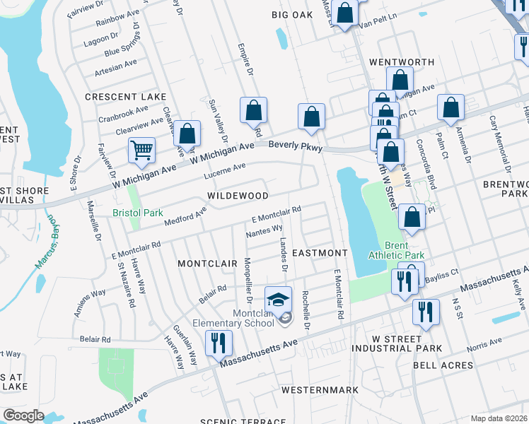 map of restaurants, bars, coffee shops, grocery stores, and more near 816 East Montclair Road in Pensacola
