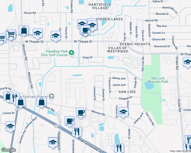 map of restaurants, bars, coffee shops, grocery stores, and more near 2506 Waldemar Lane in Tallahassee
