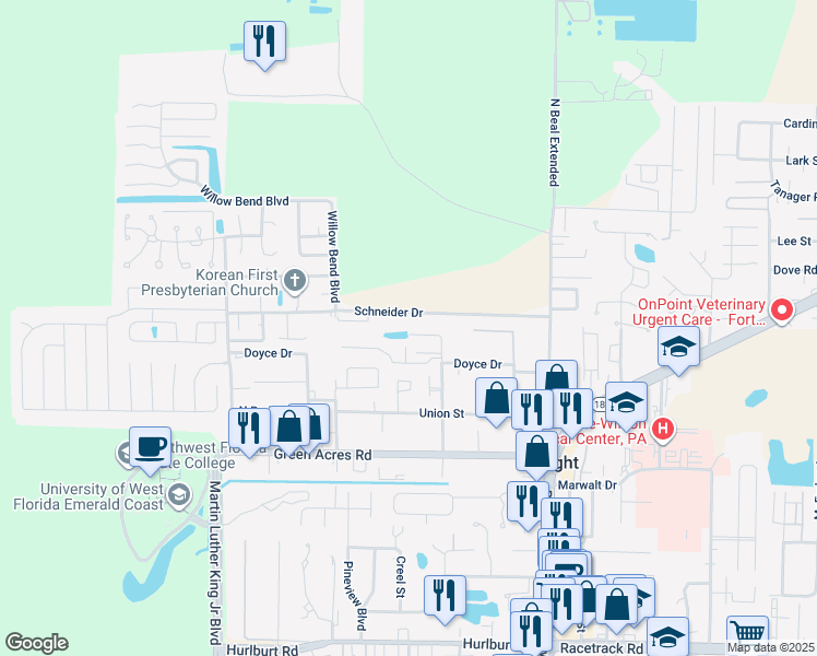map of restaurants, bars, coffee shops, grocery stores, and more near 1825 Pointed Leaf Lane in Fort Walton Beach
