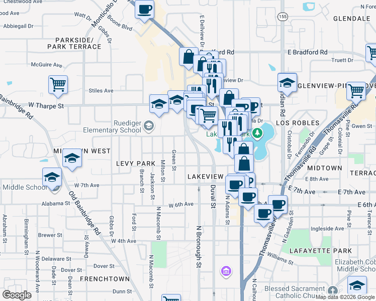 map of restaurants, bars, coffee shops, grocery stores, and more near 314 West 9th Avenue in Tallahassee
