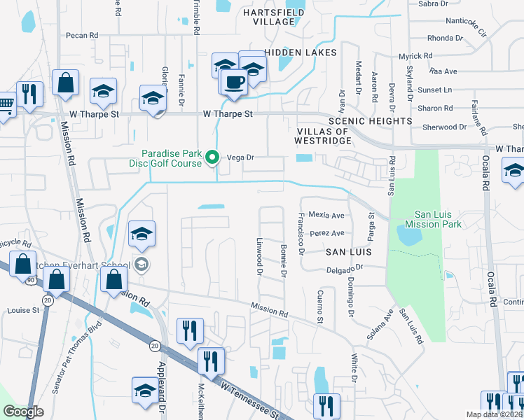 map of restaurants, bars, coffee shops, grocery stores, and more near 2506 Waldemar Lane in Tallahassee