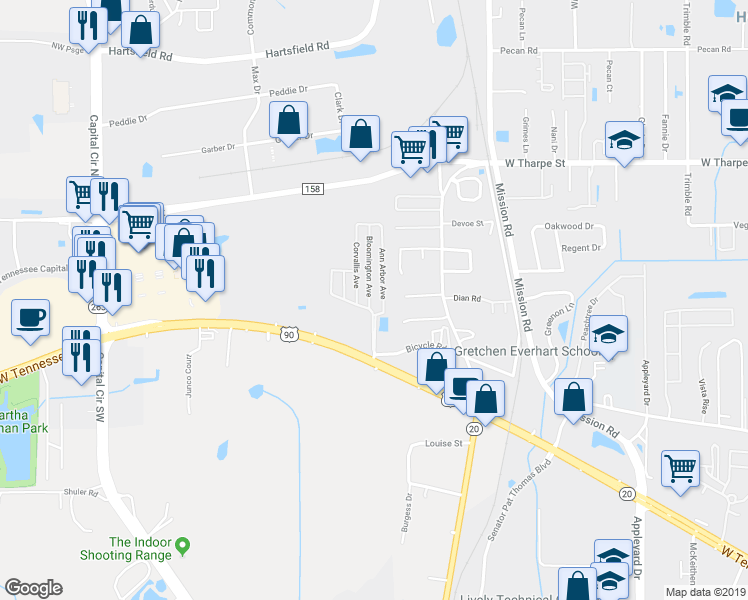 map of restaurants, bars, coffee shops, grocery stores, and more near 1921 Bloomington Avenue in Tallahassee