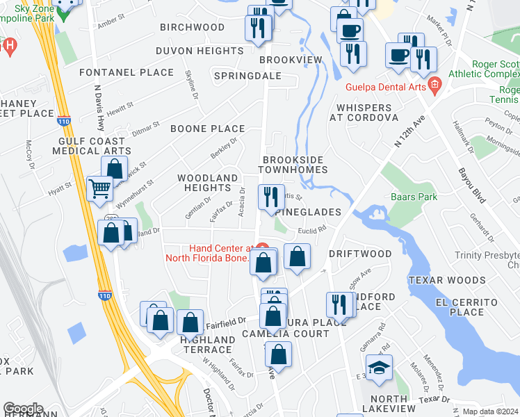 map of restaurants, bars, coffee shops, grocery stores, and more near 4300 North 9th Avenue in Pensacola