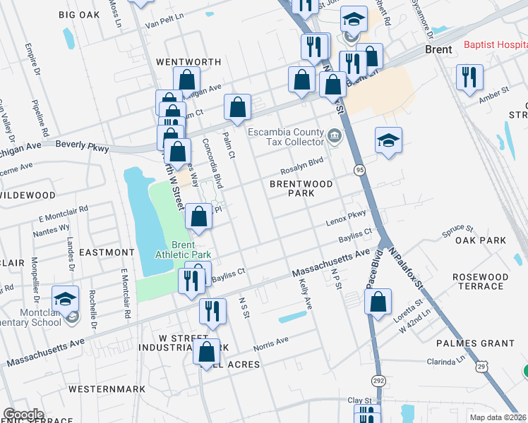 map of restaurants, bars, coffee shops, grocery stores, and more near 227 Virginia Way in Pensacola