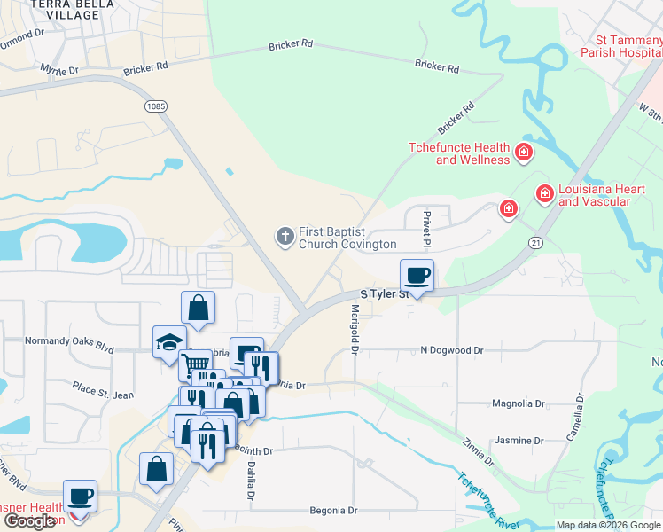 map of restaurants, bars, coffee shops, grocery stores, and more near 71031 Bricker Road in Covington