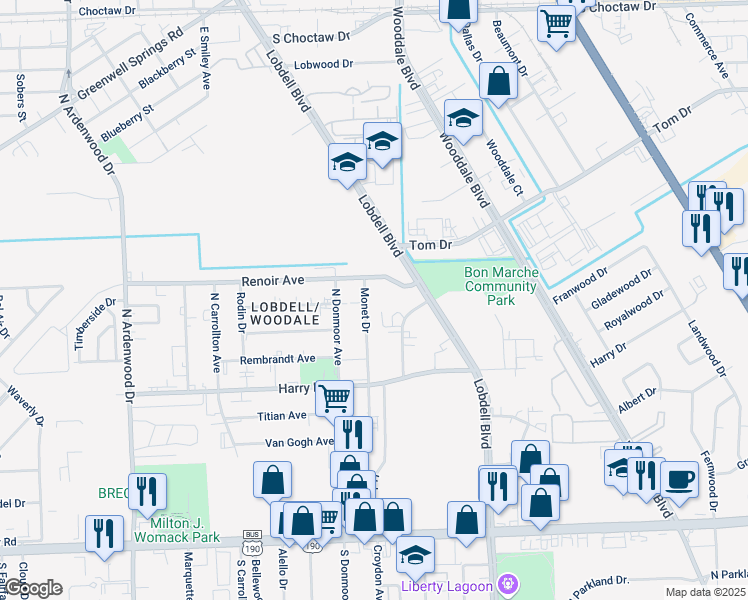 map of restaurants, bars, coffee shops, grocery stores, and more near 1157 Monet Drive in Baton Rouge