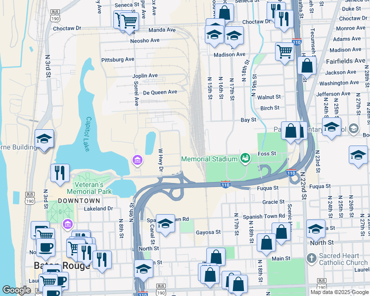 map of restaurants, bars, coffee shops, grocery stores, and more near East Highway Drive in Baton Rouge