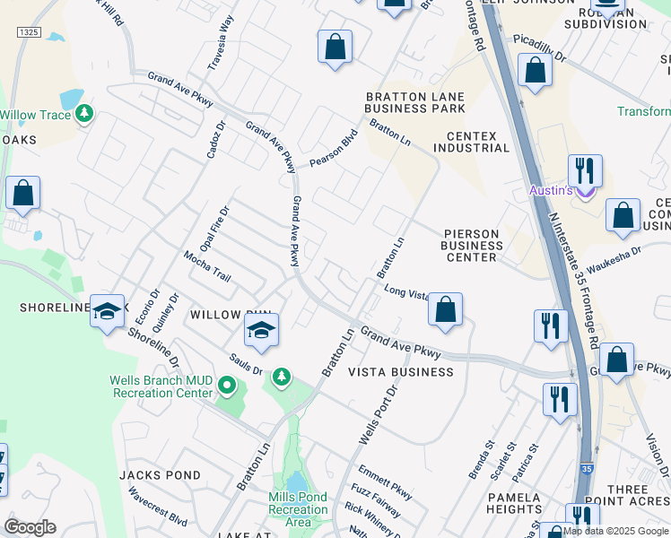 map of restaurants, bars, coffee shops, grocery stores, and more near 15800 Crissom Lane in Austin