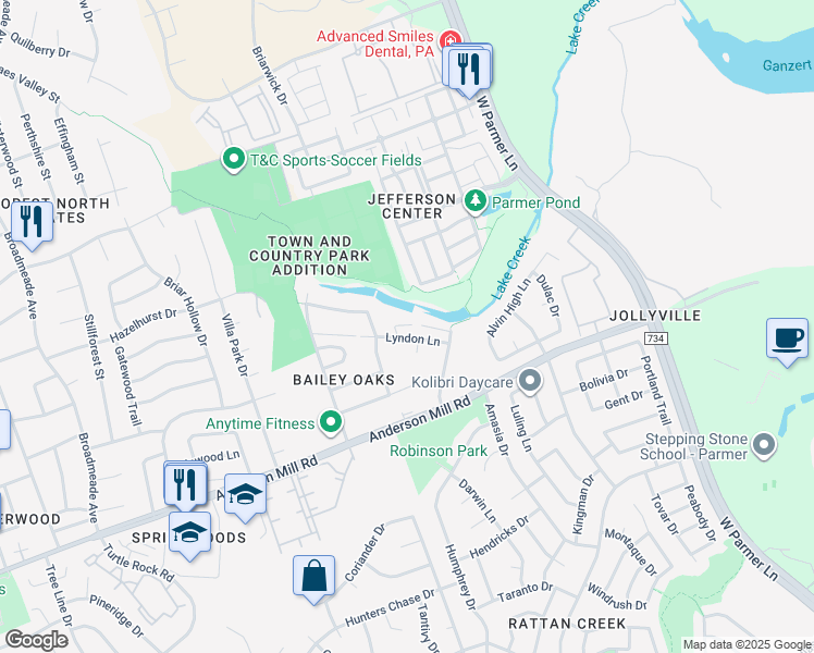 map of restaurants, bars, coffee shops, grocery stores, and more near 8410 Lyndon Lane in Austin