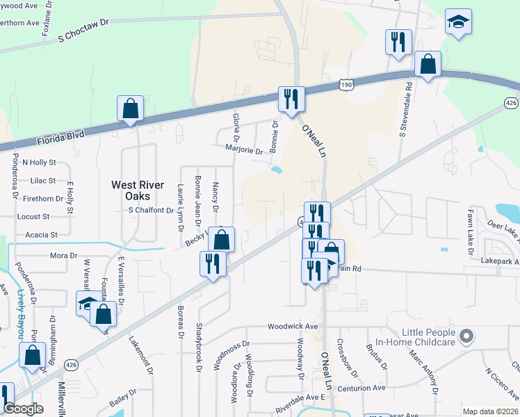 map of restaurants, bars, coffee shops, grocery stores, and more near 15643 Old Hammond Highway in Baton Rouge