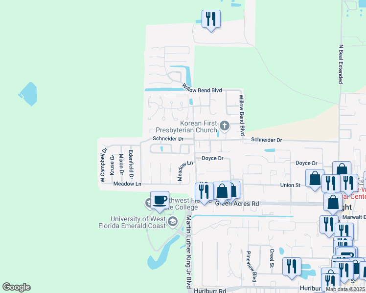 map of restaurants, bars, coffee shops, grocery stores, and more near 1928 Patrician Way in Fort Walton Beach