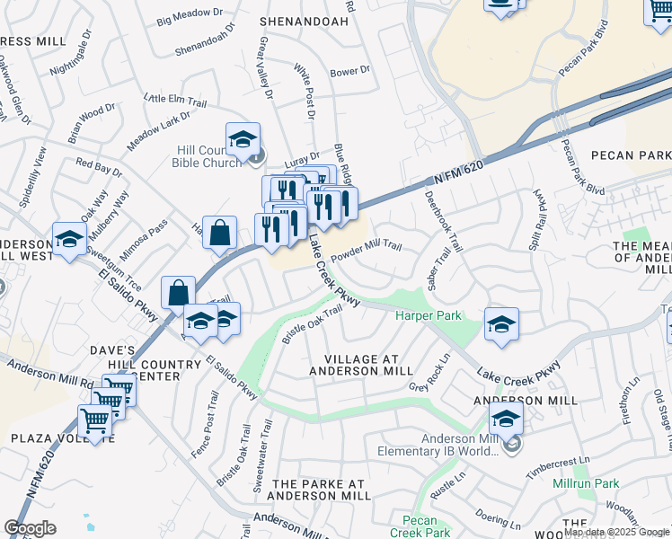 map of restaurants, bars, coffee shops, grocery stores, and more near 11401 Thorny Brook Trail in Austin