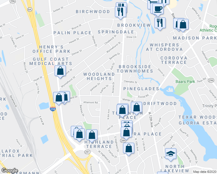 map of restaurants, bars, coffee shops, grocery stores, and more near 840 Fairfax Drive in Pensacola